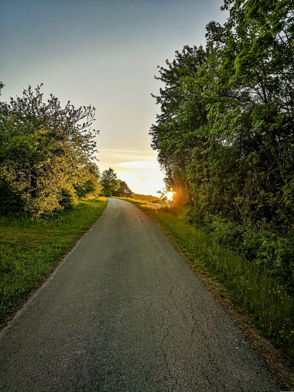 road, path, landscape, goal, heaven, freedom, horizon, dusk, sun, light, bright, yellow, nature, green, blue