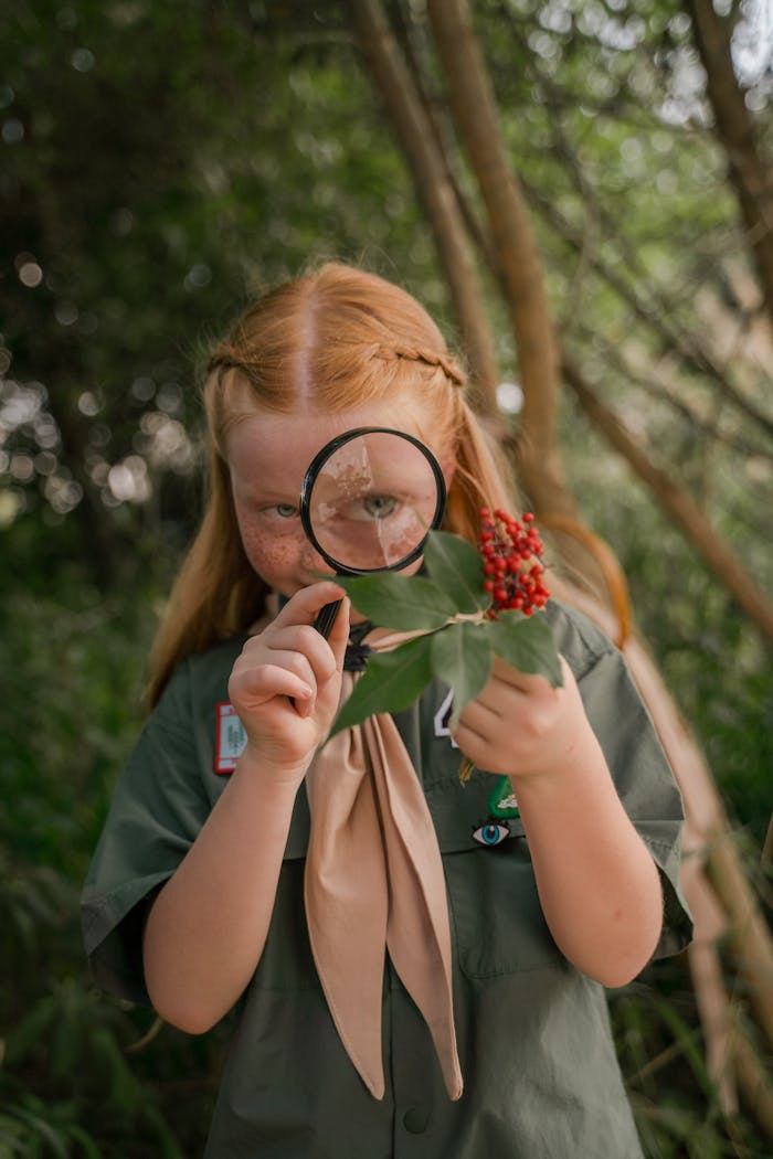 Young Girl Scout examines plant with magnifying glass during outdoor adventure.