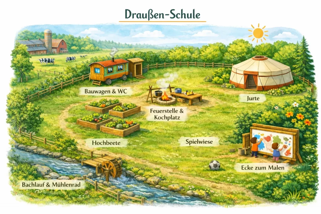 Lageplan einer Draußenschule mit Jurte, Feuerstelle, Hochbeeten und Spielwiese